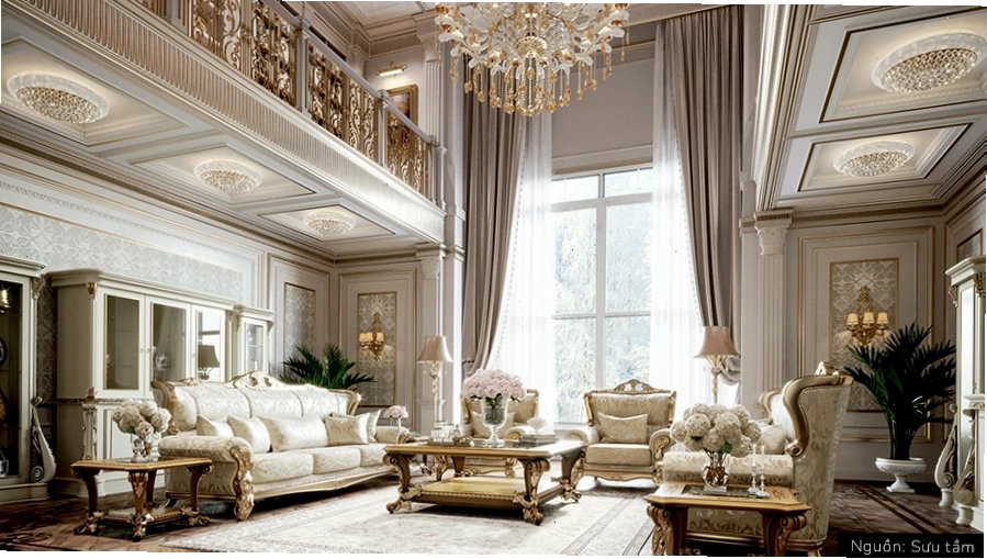 Nội thất phòng khách phong cách châu âu cổ điển với bộ sofa bọc da màu kem sang trọng