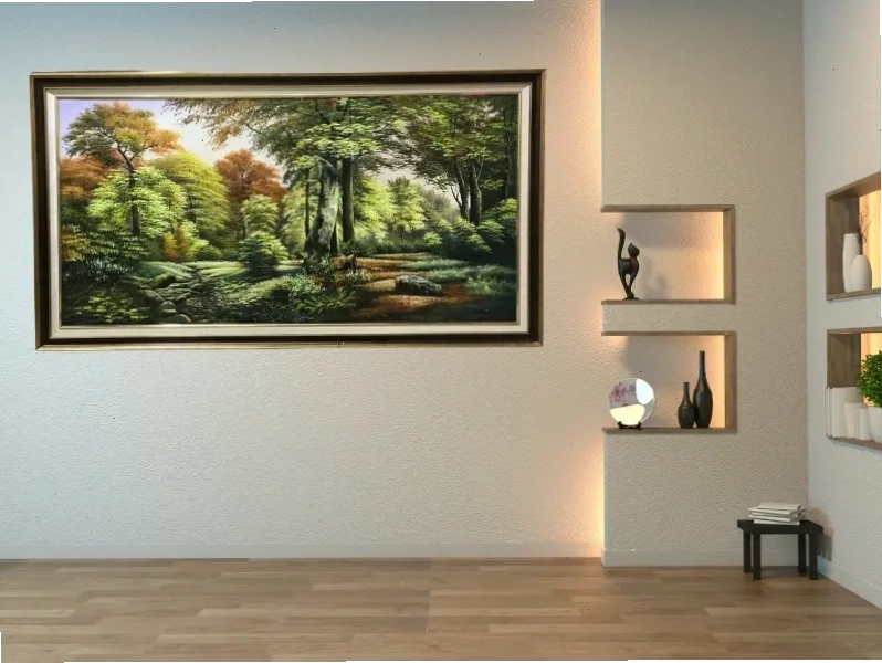 Tranh phong cảnh Châu Âu rừng cây xanh tươi dưới ánh nắng ban mai