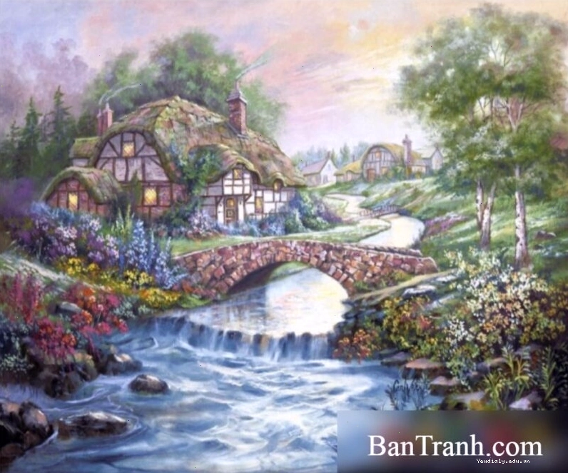 Tranh phong cảnh Châu Âu với hồ nước tĩnh lặng và cây cô đơn