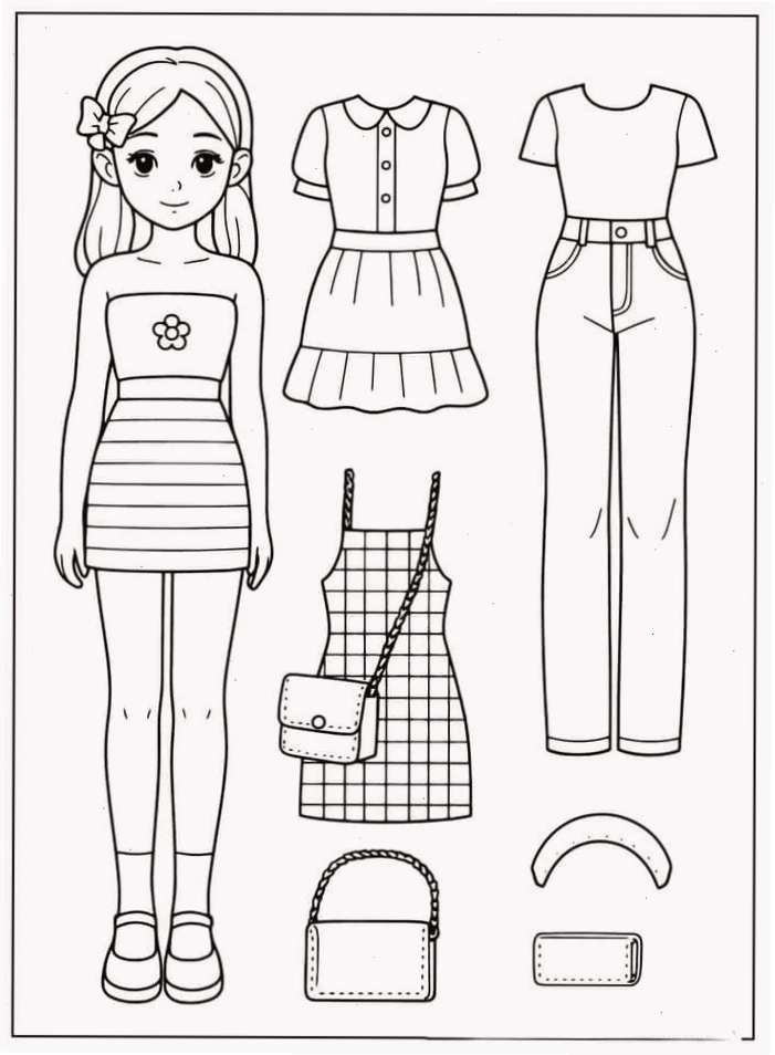 Tranh tô màu búp bê giấy chibi phong cách anime với nhiều lựa chọn trang phục