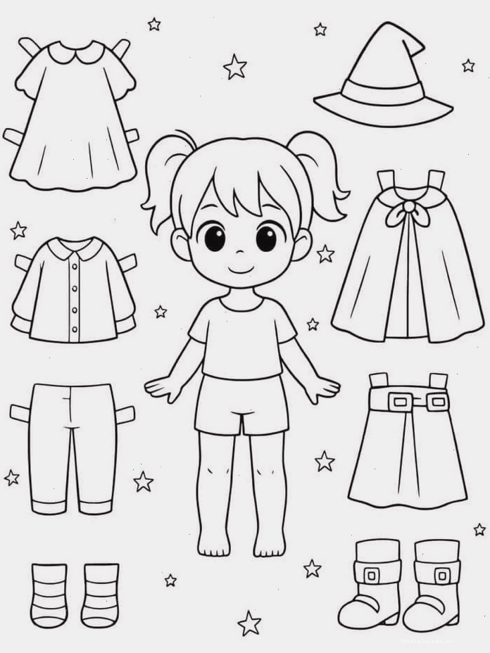 Tranh tô màu búp bê giấy với trang phục đơn giản