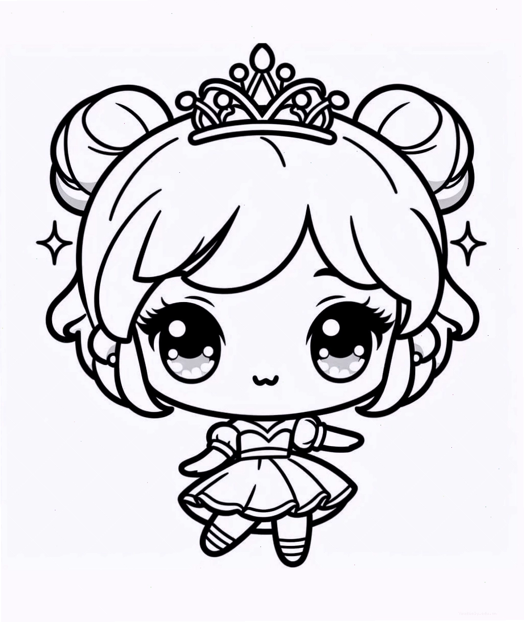 Tranh tô màu công chúa chibi dễ thương với nụ cười rạng rỡ