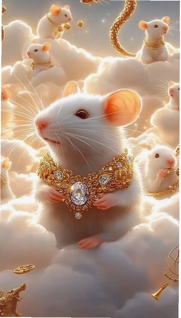 Chuột thần tài tỏa sáng giữa mây trời huyền ảo