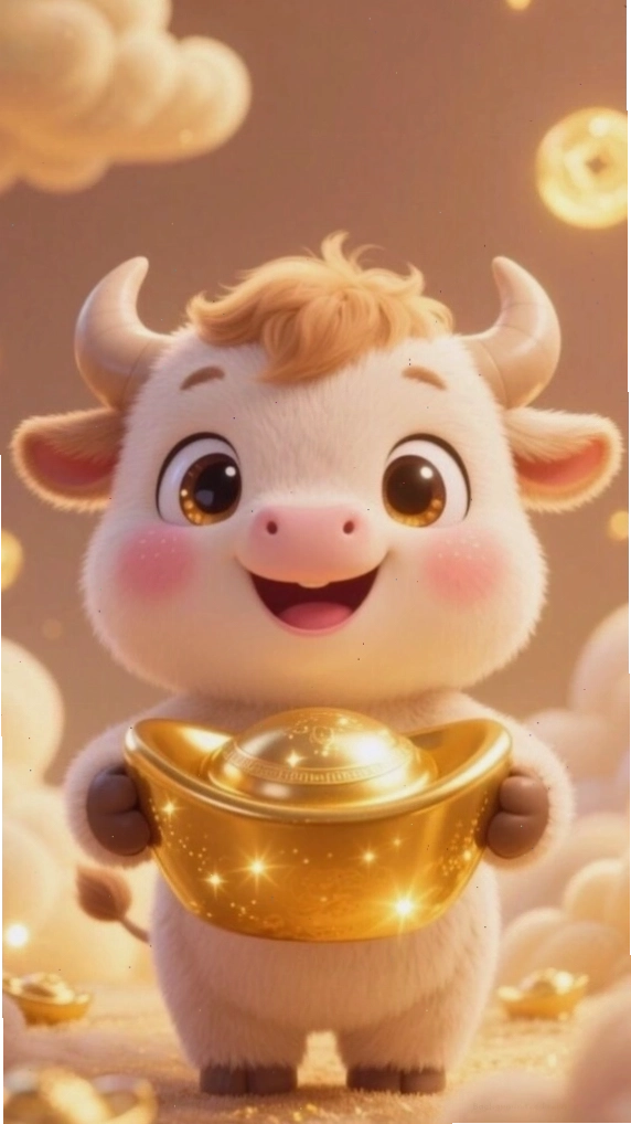 Hình nền 12 con giáp cute Sửu chibi ôm chén vàng đáng yêu