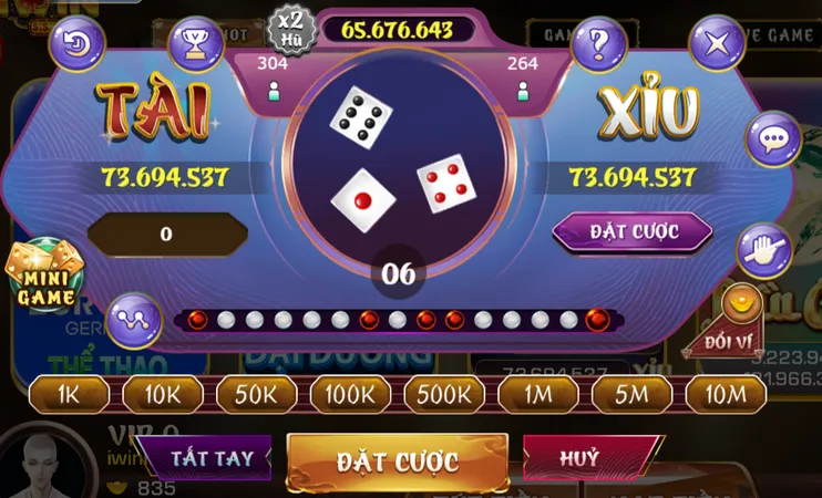 Các mức cược khi chơi Tài Xỉu tại iWin Club: Từ 1K đến 10M